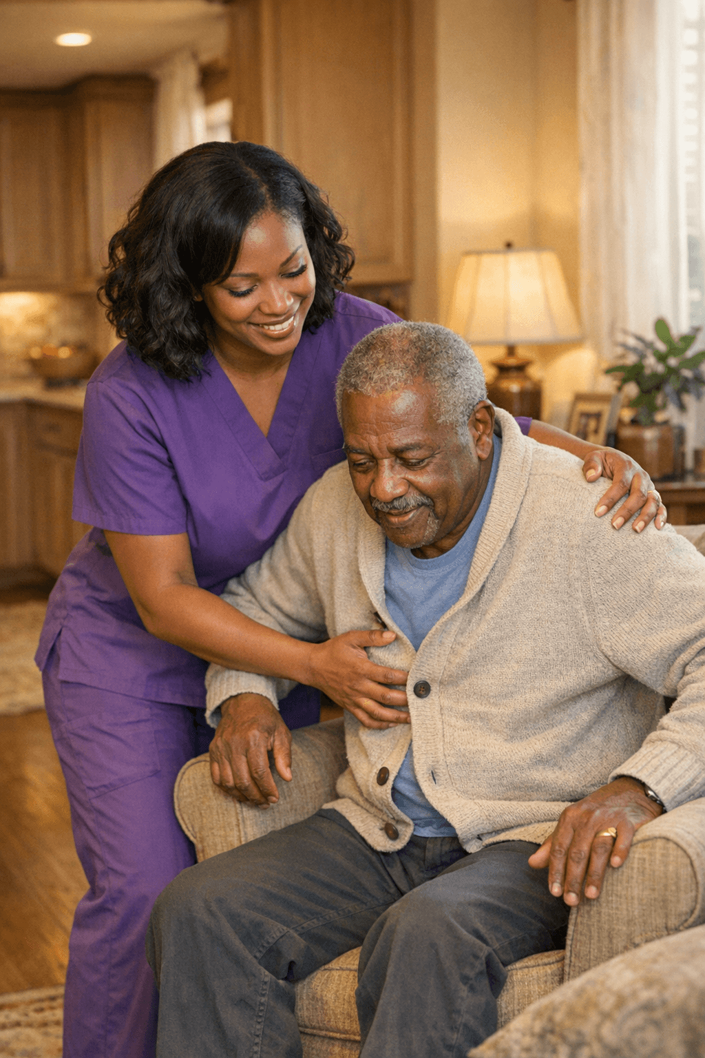 African-American woman in purple scrubs helping an elderly African-American man