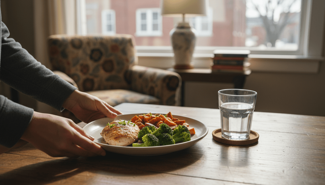 Caregiver serving a freshly prepared home-style meal to a senior at a kitchen table