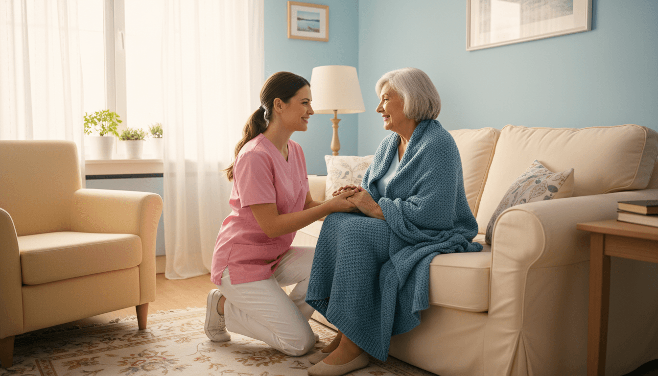 Caregiver and elderly family member holding hands on sunlit sofa, sharing a moment of connection and emotional support