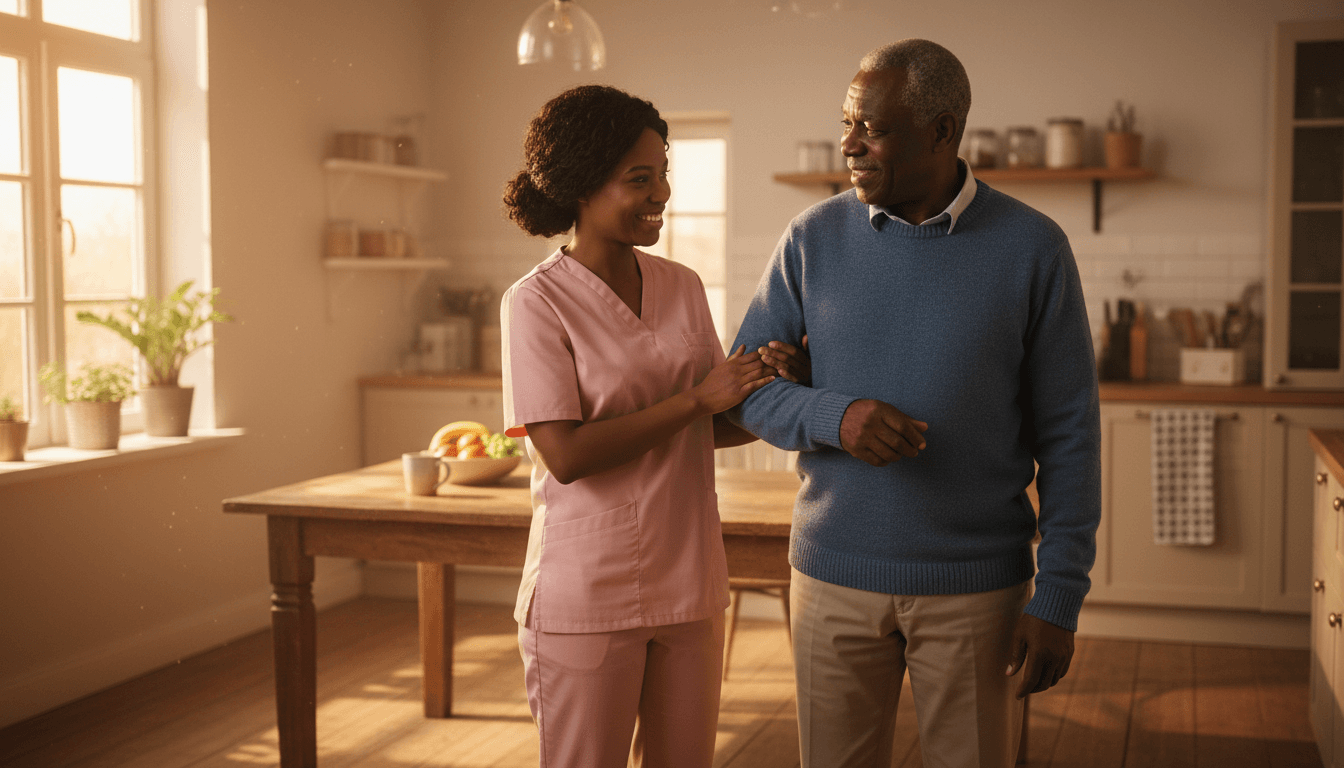 Caregiver and senior client sharing a laugh in a sunlit kitchen