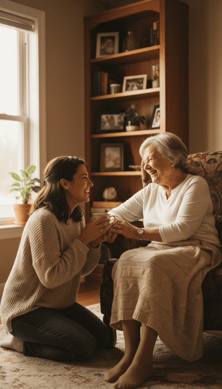 Caregiver sharing a warm moment with a senior client in a cozy living room