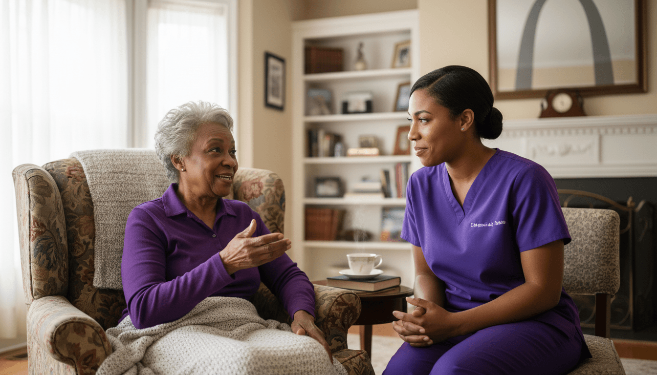 Caregiver holding hands with a senior woman during a warm conversation at home