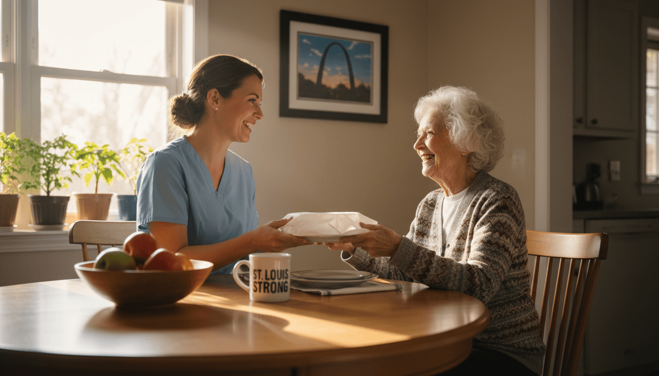 Caregiver handing a fresh meal tray to a smiling senior at a kitchen table