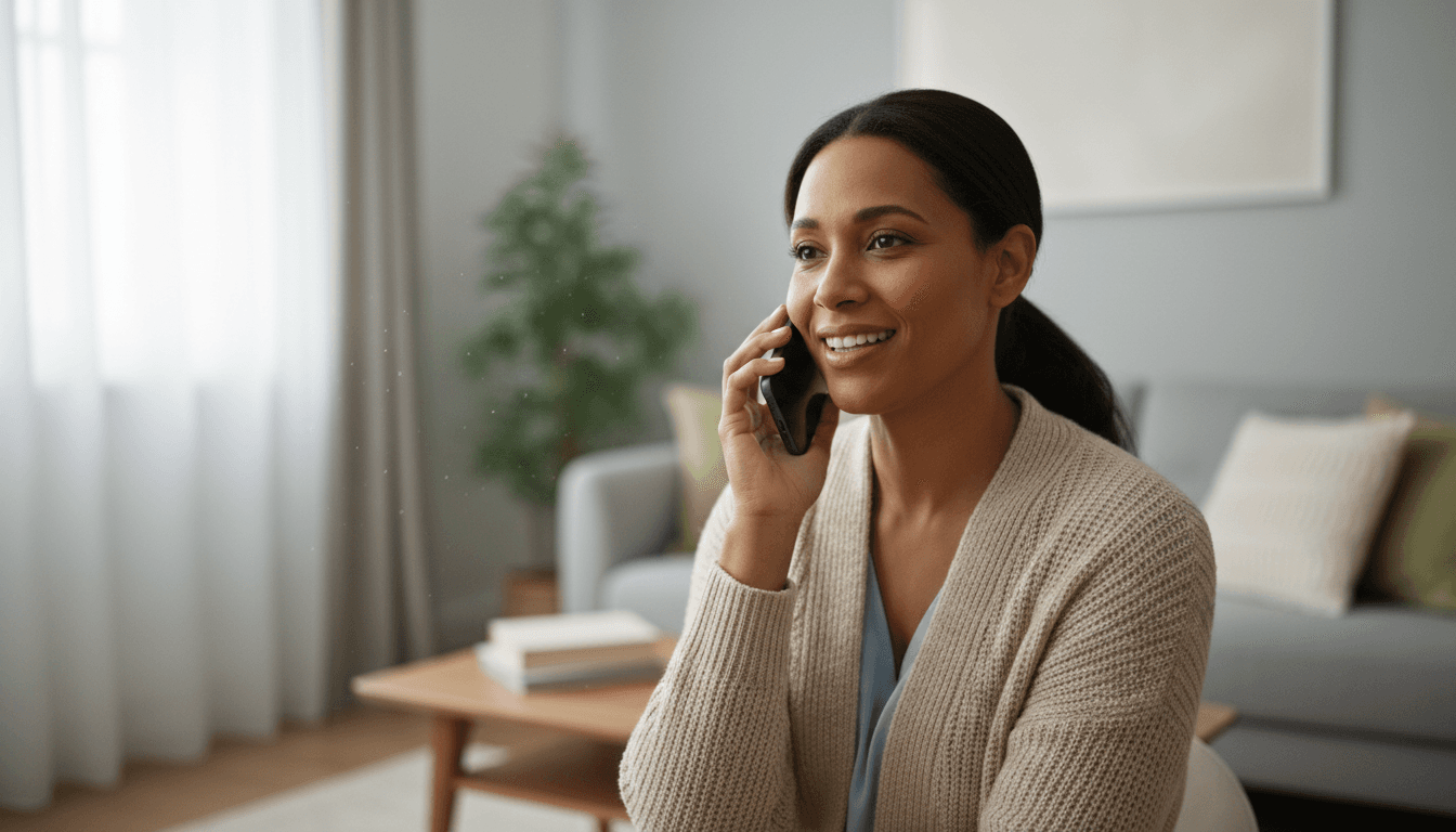 Friendly caregiver smiling while on a phone call in a bright living room