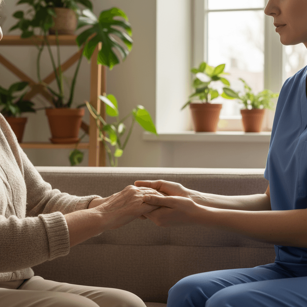 Female caregiver holding an elderly woman's hands and talking warmly in a cozy living room