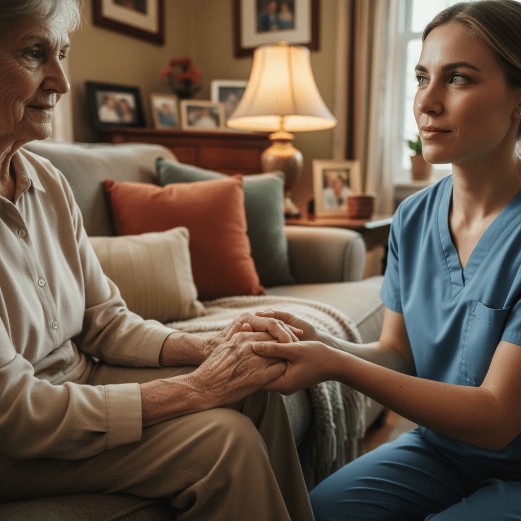 Caregiver holding hands with elderly woman in a cozy living room