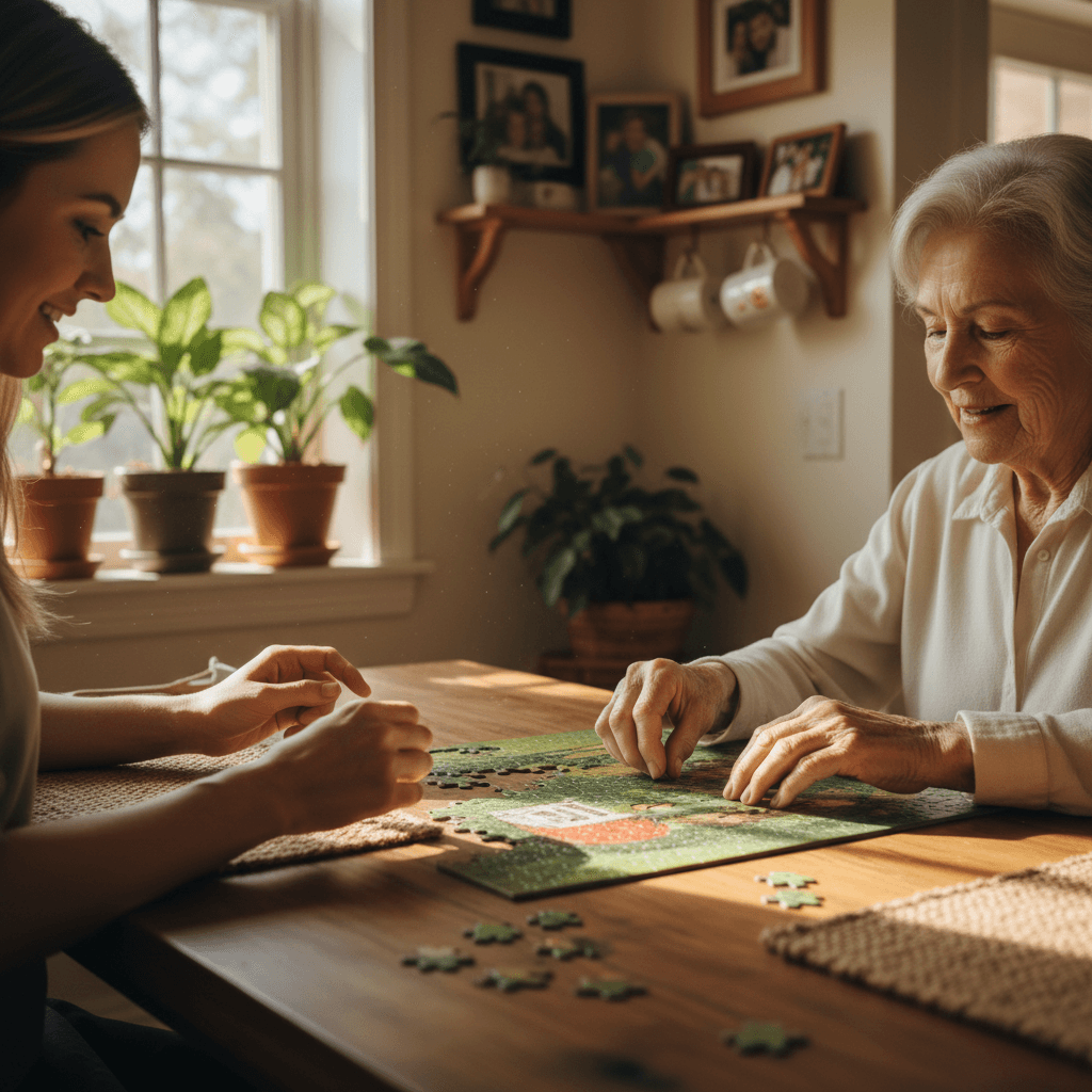Senior laughing with caregiver over coffee