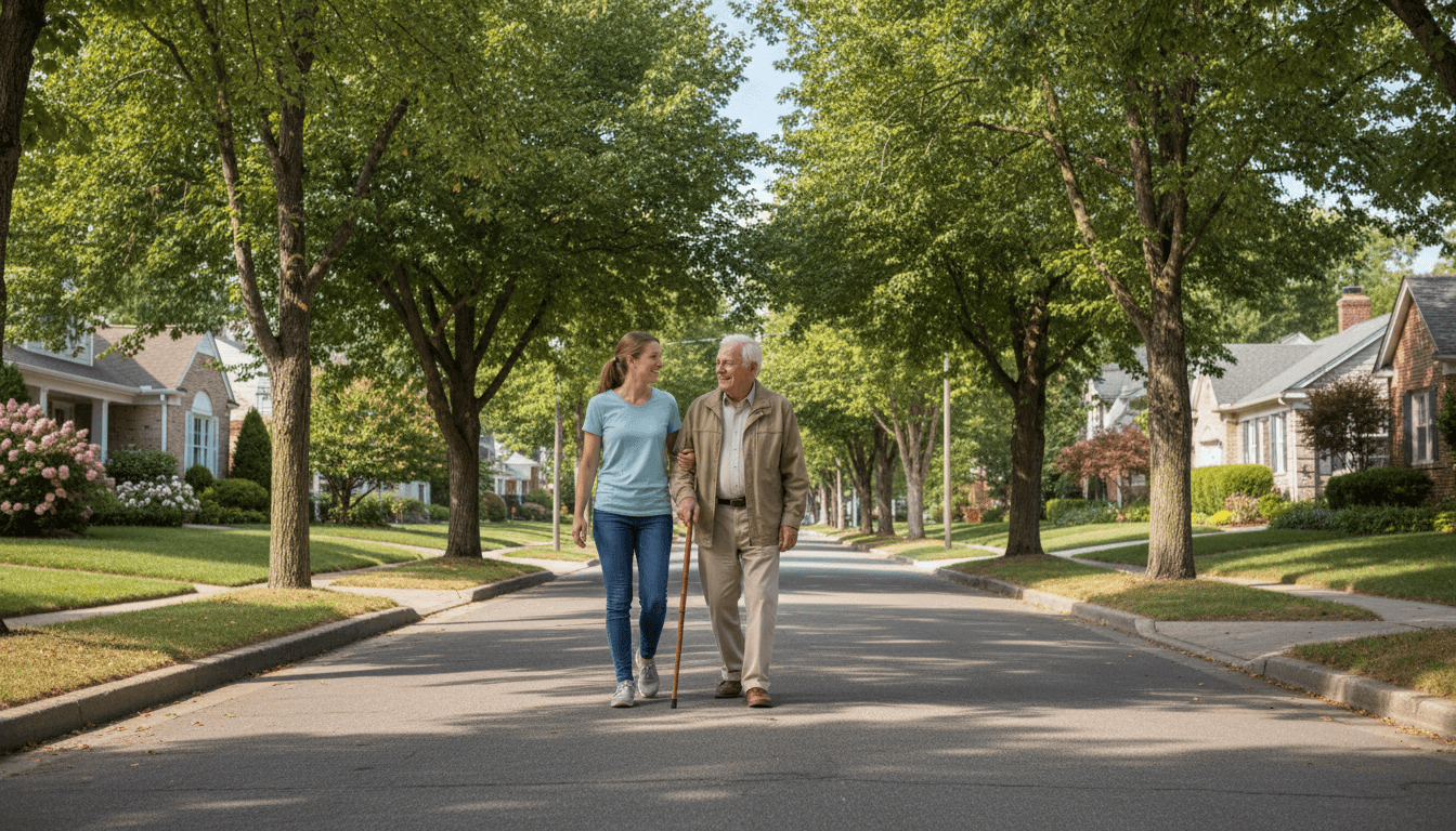 Caregiver taking client for an outdoor stroll