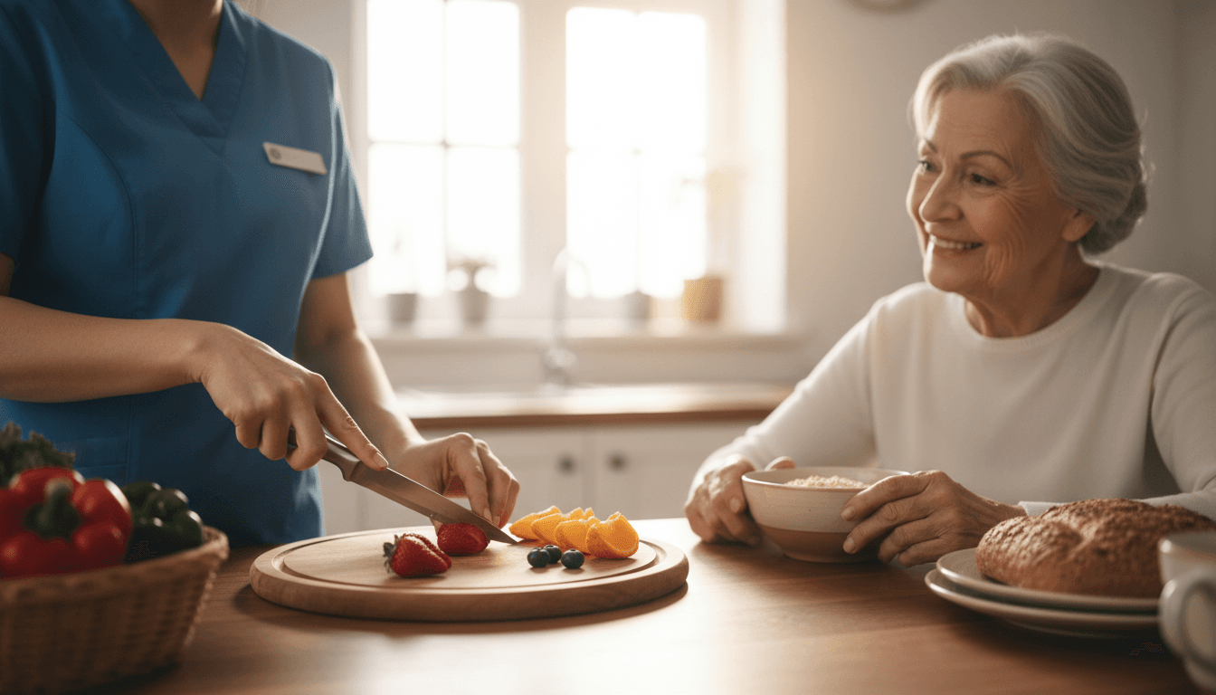 Caregiver and senior chopping vegetables together