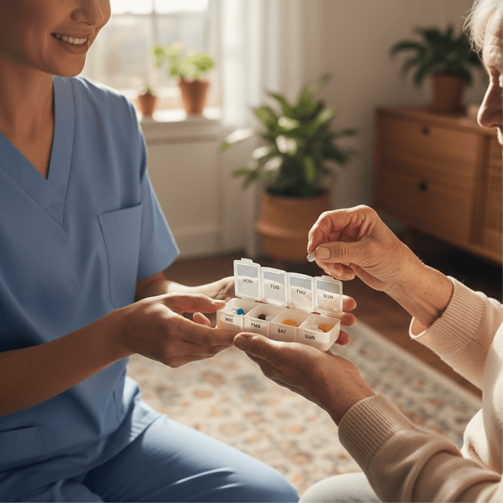 Home care worker sitting and talking warmly with senior woman in living room