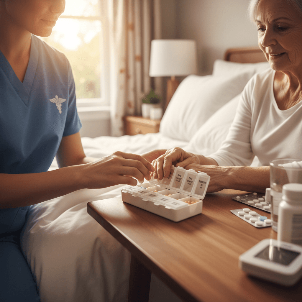 Nurse's hands guiding elderly patient through medication management at bedside in sunlit bedroom
